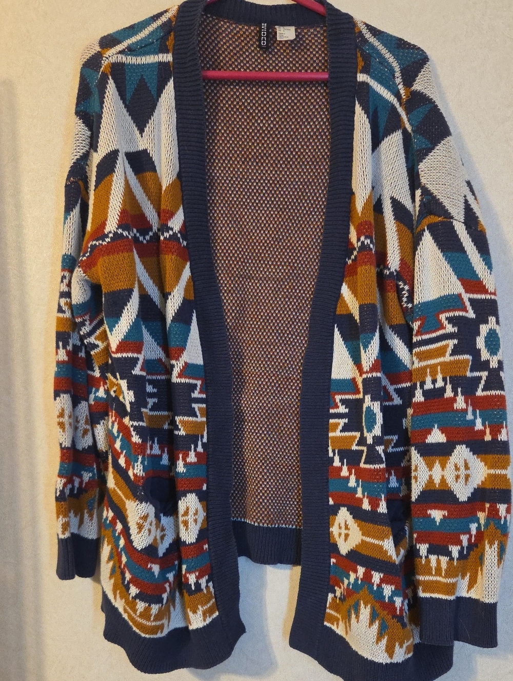 H&M Navy Open-Front Aztec Cardigan with Teal, Mustard and Rust Accents